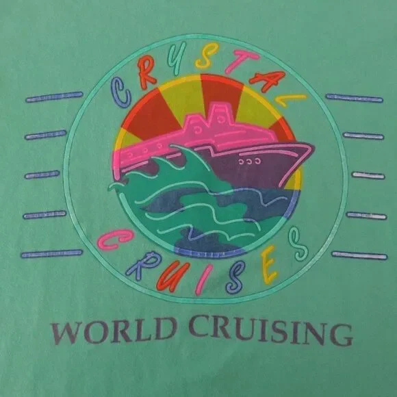 Vintage 90s Crystal Cruises TShirt L Green Neon Puffy Paint Made In USA Graphic - Picture 6 of 8